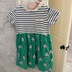 Mini Boden striped dress w frenchie dogs on skirt.